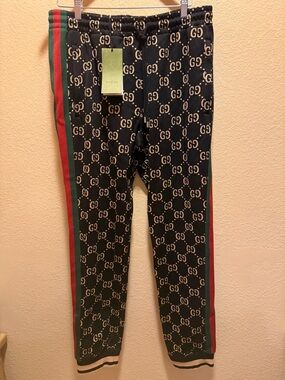 New Authentic Gucci GG Supreme Logo Sweatpants Black Tan Size XL Waist 34 36 38